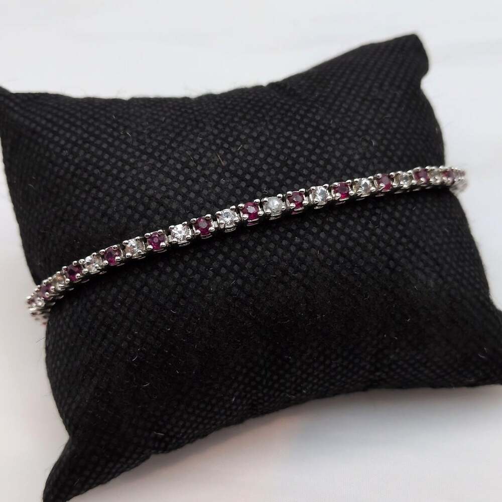 Sterling Silver 925 Lab Ruby & White Gemstone Tennis Bracelet 7.5in 10.48g